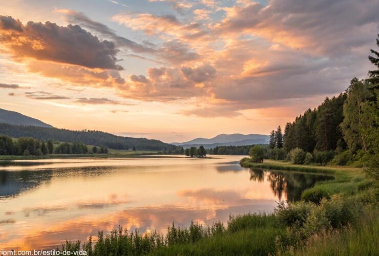 Paisagem serena com tons suaves e quentes de um pôr do sol sobre um lago tranquilo, simbolizando uma tarde tranquila de quarta-feira.