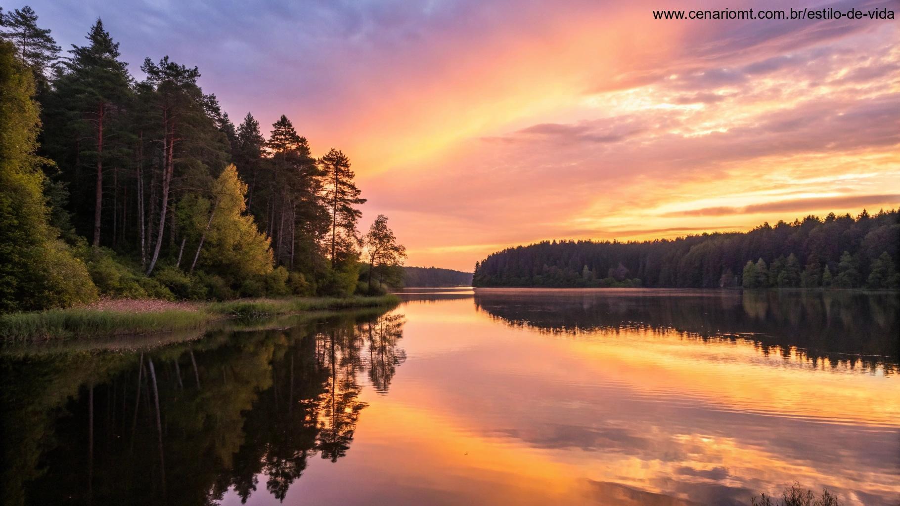 Por do sol sobre um lago tranquilo, simbolizando um momento de reflexão religiosa.