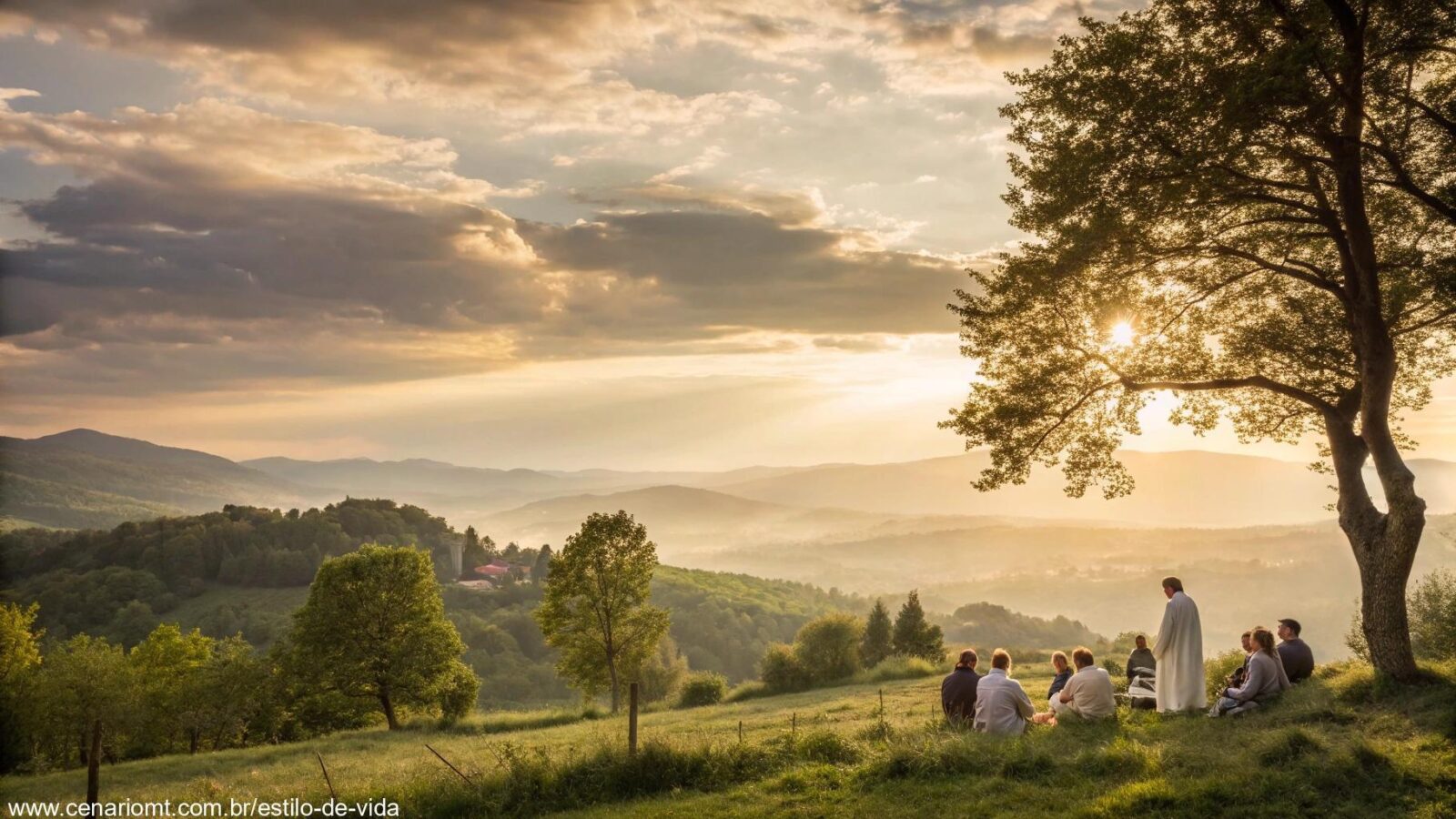 Paisagem tranquila com cores suaves, transmitindo serenidade e fé, ideal para grupos religiosos.