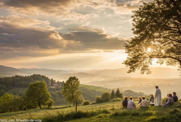 Paisagem tranquila com cores suaves, transmitindo serenidade e fé, ideal para grupos religiosos.