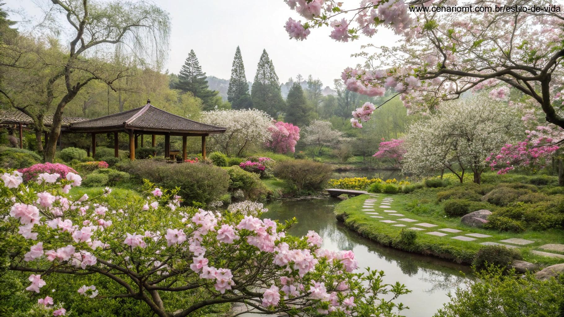 Jardim tranquilo com flores delicadas em flor, transmitindo uma mensagem de boas vibrações e positividade.