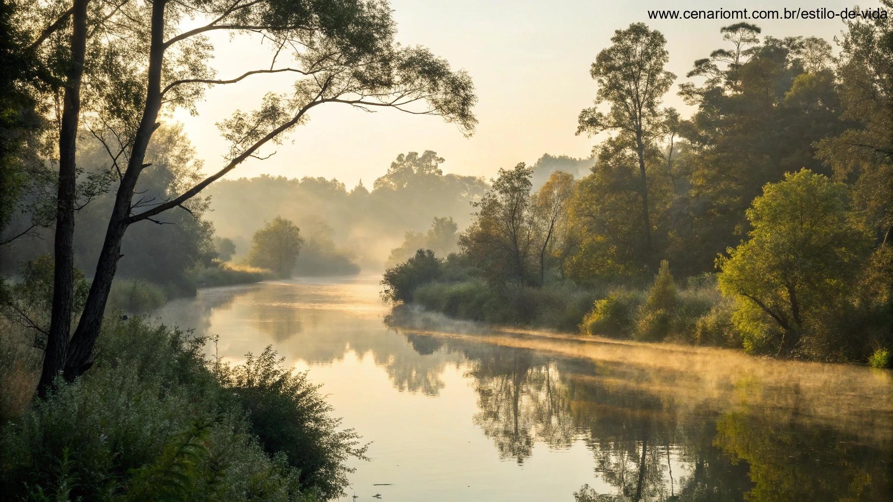 Cena tranquila da natureza com um rio calmo refletindo a suave luz da manhã, cercado por árvores, evocando uma sensação de paz abençoada para o início do dia.