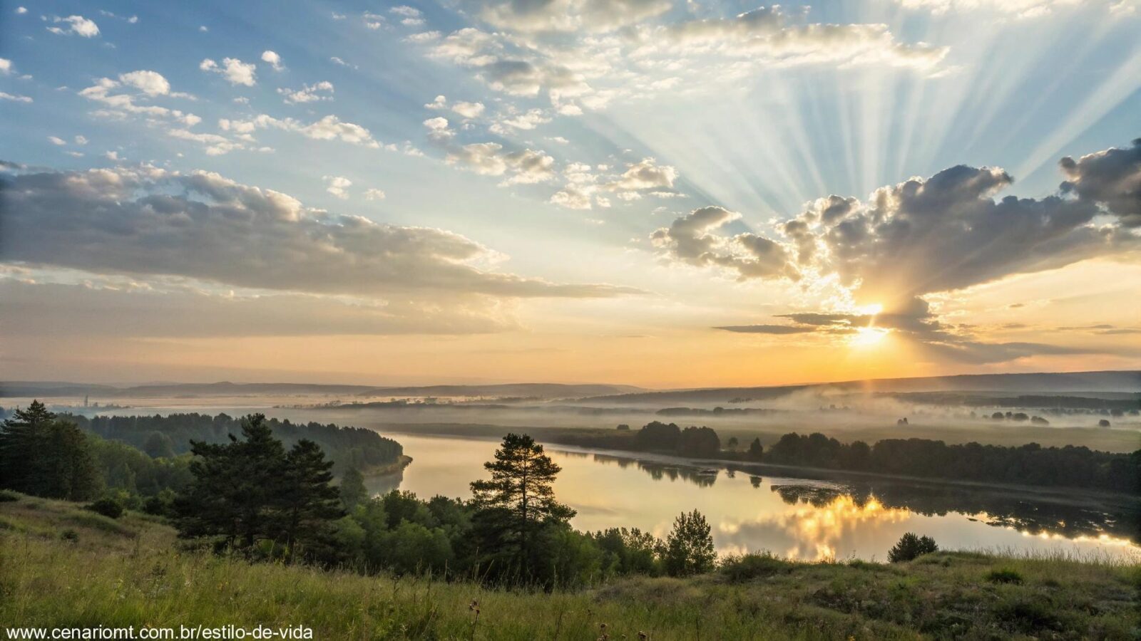 Imagem de uma paisagem tranquila ao amanhecer, com raios suaves de luz e nuvens leves, transmitindo paz e serenidade, ideal para uma mensagem de Bom Dia Abençoado no domingo.