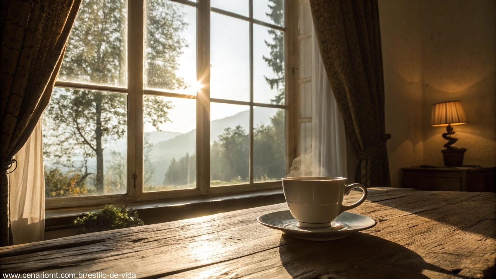 Imagem de uma cena tranquila de manhã com luz suave e uma xícara de café.