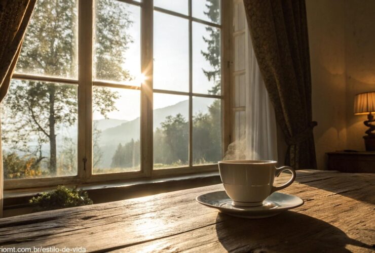 Imagem de uma cena tranquila de manhã com luz suave e uma xícara de café.