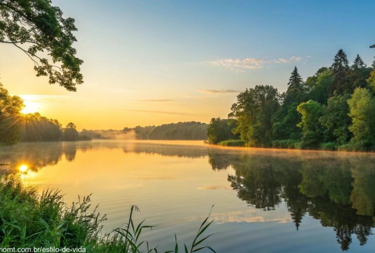 Nascer do sol sereno sobre um lago calmo com luz dourada refletindo na água, cercado por árvores verdes e um céu azul claro.