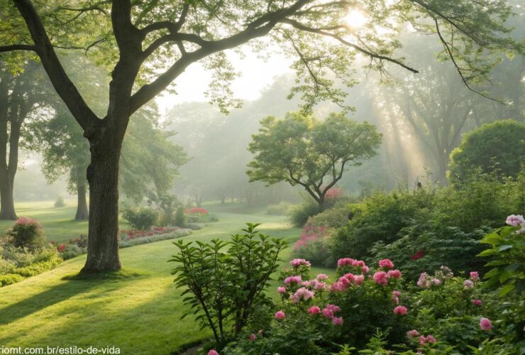 Cena tranquila de manhã com raios de sol passando por árvores e flores coloridas, transmitindo uma sensação de paz para o domingo.