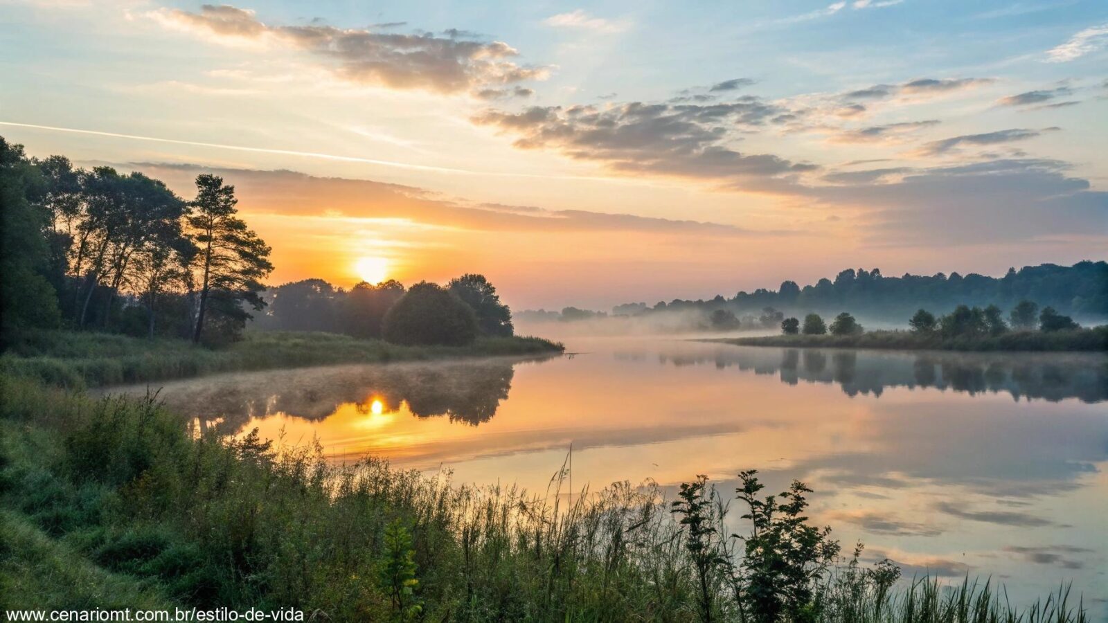 Uma paisagem tranquila e serena de um amanhecer de domingo, com cores suaves no céu, um lago calmo refletindo o sol e a natureza despertando ao redor