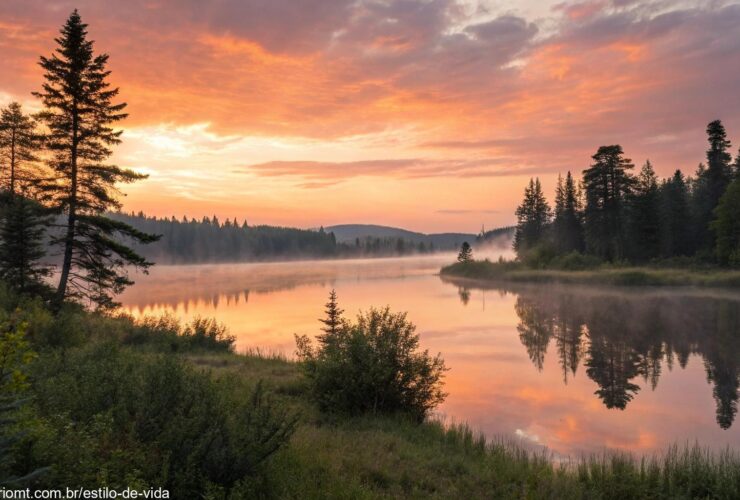 Paisagem tranquila de manhã com sol suave iluminando um lago calmo cercado por árvores, o céu pintado com tons quentes de laranja e rosa, simbolizando um começo abençoado para a quarta-feira.
