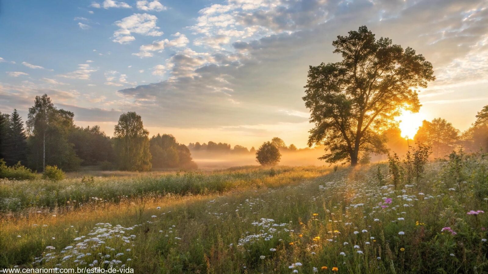 Cena tranquila de manhã com luz suave do sol iluminando um campo com flores silvestres, simbolizando um dia abençoado.