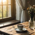 Cena serena de manhã com luz suave filtrando através de uma janela, iluminando uma mesa de madeira com uma xícara de café e um pequeno vaso com flores.
