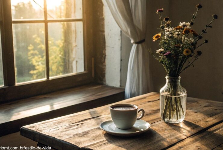 Cena serena de manhã com luz suave filtrando através de uma janela, iluminando uma mesa de madeira com uma xícara de café e um pequeno vaso com flores.