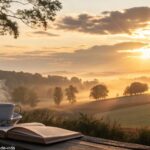 Nascer do sol sereno sobre uma paisagem tranquila, com tons dourados e uma xícara de café ao lado de uma Bíblia aberta, representando uma manhã abençoada de quinta-feira.