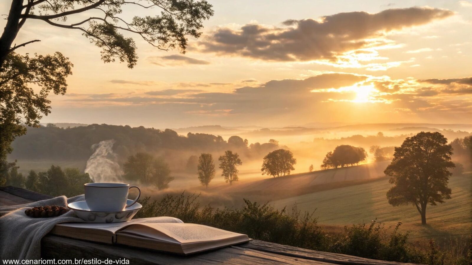 Nascer do sol sereno sobre uma paisagem tranquila, com tons dourados e uma xícara de café ao lado de uma Bíblia aberta, representando uma manhã abençoada de quinta-feira.