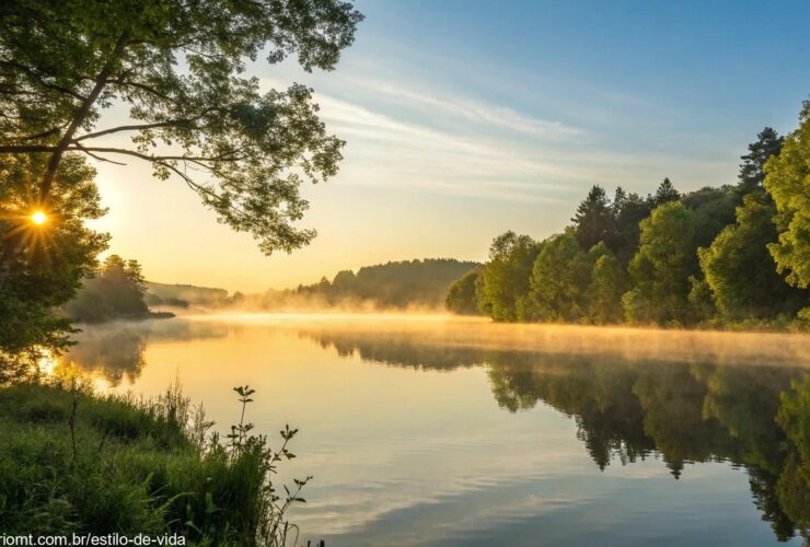 Um nascer do sol sereno sobre um lago calmo com luz dourada refletindo na água, cercado por árvores verdes e um céu azul claro, evocando uma sensação de paz e bênçãos para um sábado de manhã.