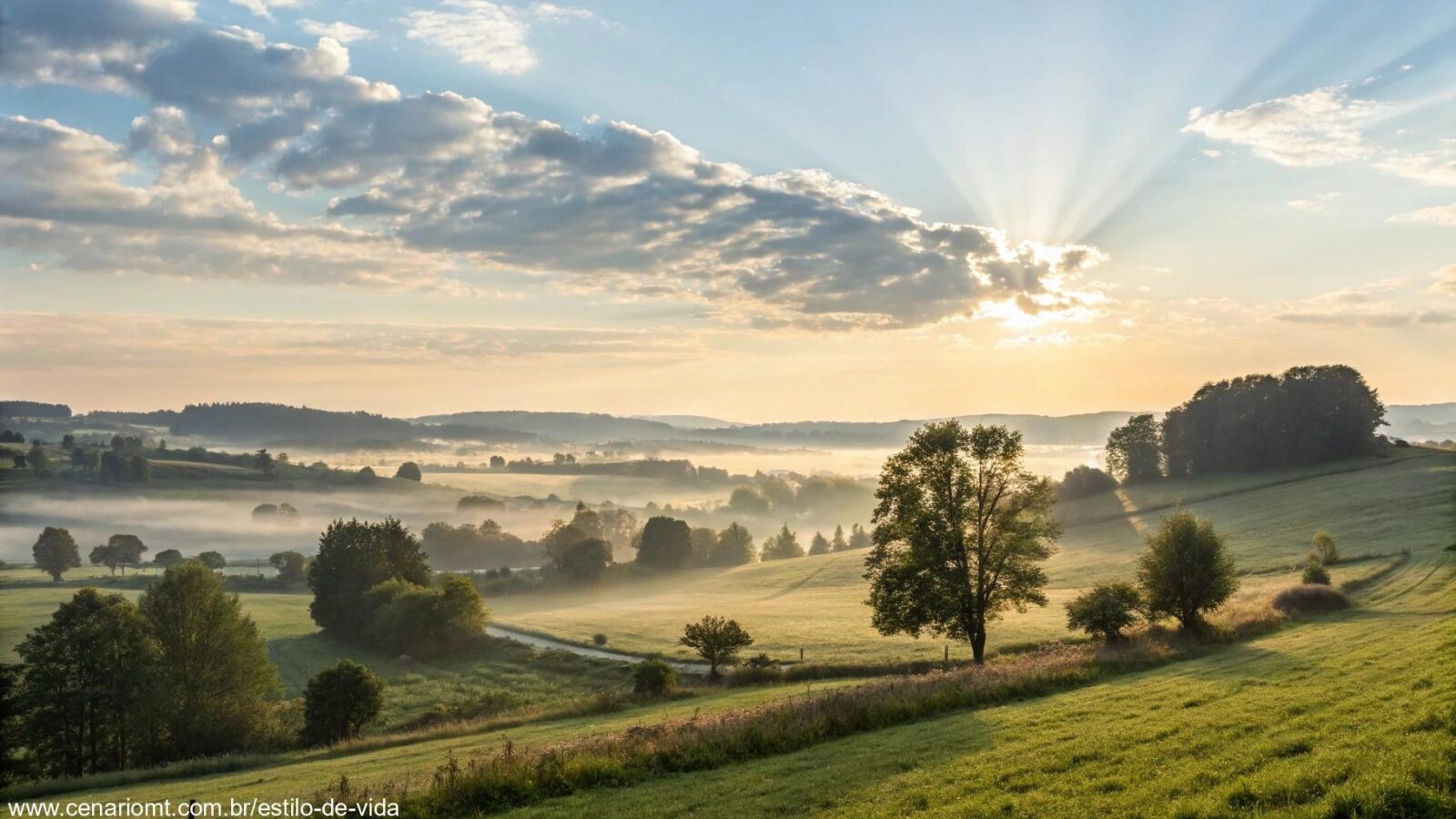 Paisagem tranquila com a luz suave da manhã, criando uma atmosfera de sábado abençoado.