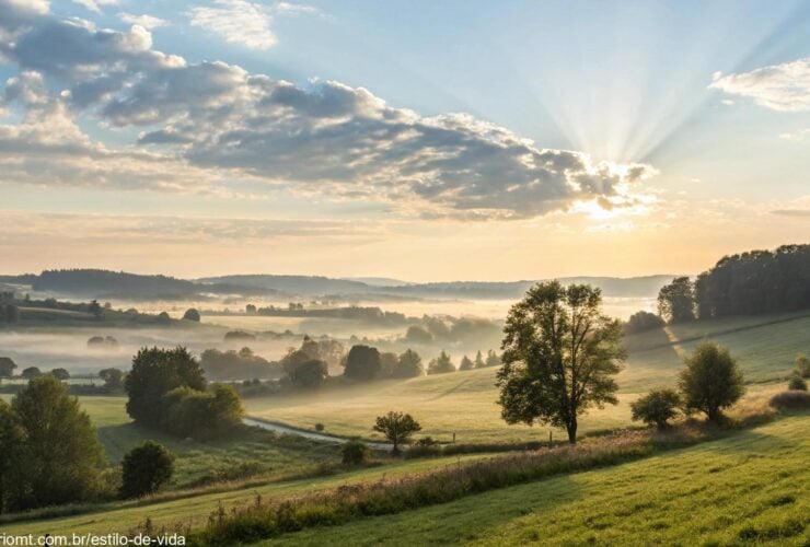 Paisagem tranquila com a luz suave da manhã, criando uma atmosfera de sábado abençoado.