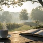 Cena tranquila de manhã com luz suave do sol filtrando pelas árvores, uma xícara de café em uma mesa de madeira e um livro aberto ao fundo, criando uma atmosfera calma e abençoada para uma mensagem de bom dia.