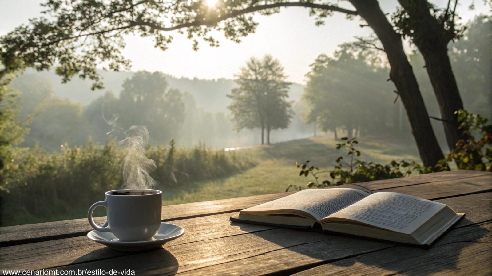 Cena tranquila de manhã com luz suave do sol filtrando pelas árvores, uma xícara de café em uma mesa de madeira e um livro aberto ao fundo, criando uma atmosfera calma e abençoada para uma mensagem de bom dia.