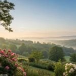 Imagem de uma manhã serena com luz suave do sol atravessando uma paisagem tranquila, com árvores, flores e um céu calmo, evocando paz e esperança para uma segunda-feira abençoada.