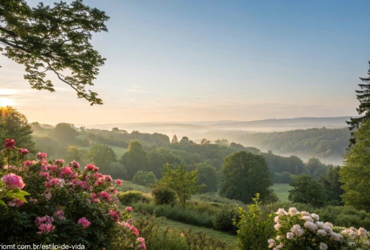 Imagem de uma manhã serena com luz suave do sol atravessando uma paisagem tranquila, com árvores, flores e um céu calmo, evocando paz e esperança para uma segunda-feira abençoada.
