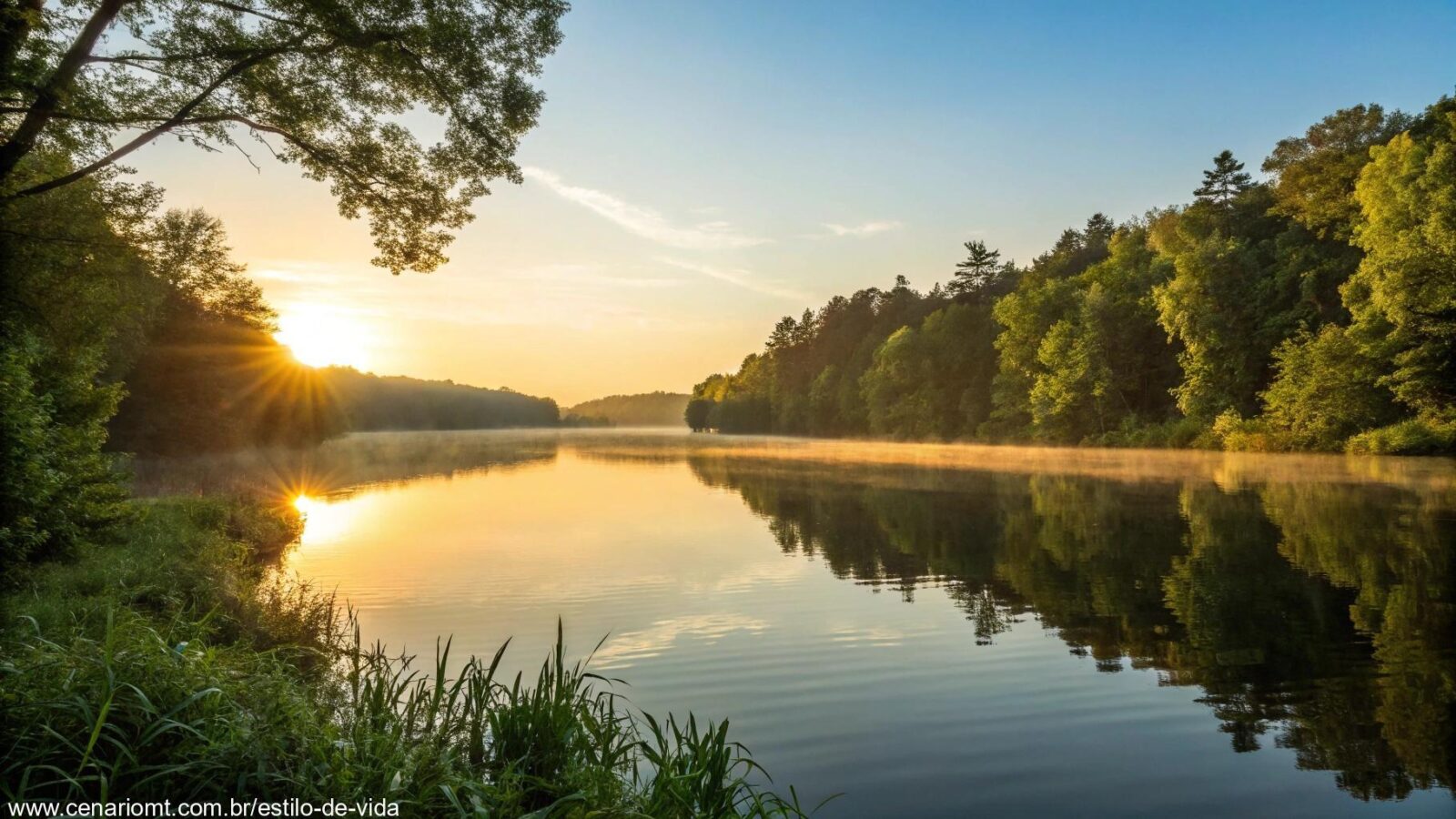 Nascer do sol sereno sobre um lago calmo com luz dourada refletindo na água, cercado por árvores verdes e um céu azul claro, evocando paz e bênçãos para uma nova semana.