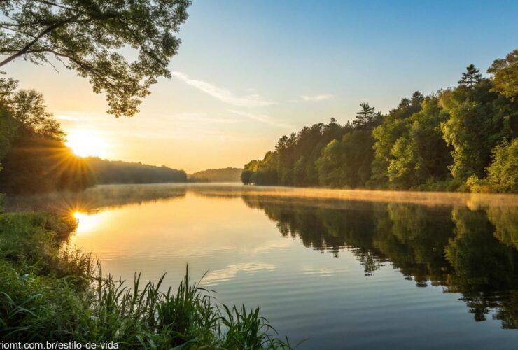 Nascer do sol sereno sobre um lago calmo com luz dourada refletindo na água, cercado por árvores verdes e um céu azul claro, evocando paz e bênçãos para uma nova semana.