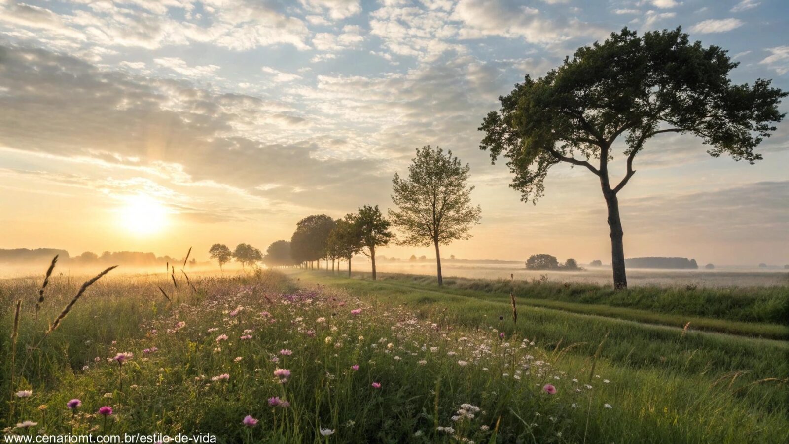 Cena serena e pacífica de manhã com o sol nascendo sobre uma paisagem tranquila, luz suave iluminando árvores e flores, criando uma sensação de tranquilidade e esperança para o dia que começa.