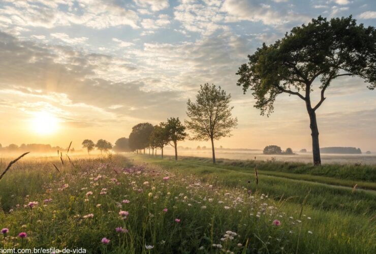 Cena serena e pacífica de manhã com o sol nascendo sobre uma paisagem tranquila, luz suave iluminando árvores e flores, criando uma sensação de tranquilidade e esperança para o dia que começa.