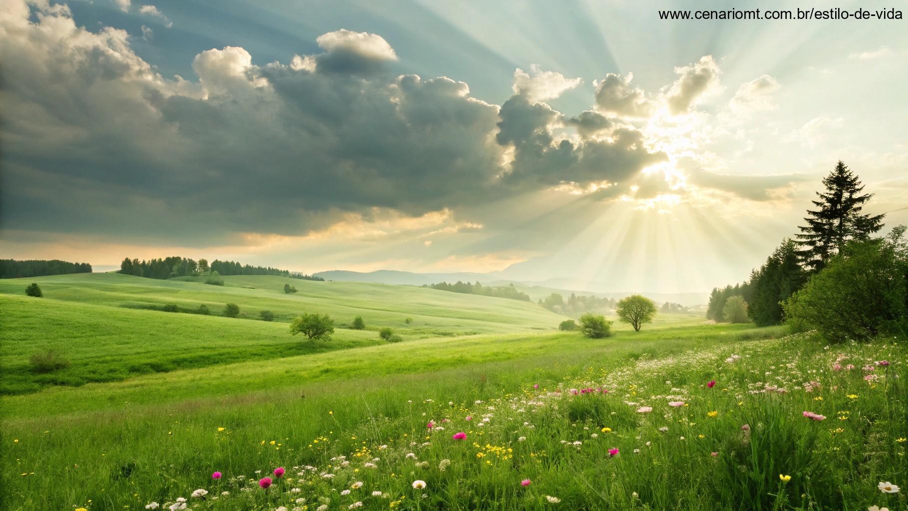 Imagem de um campo verde iluminado suavemente pelos raios do sol, cercado por flores, transmitindo a sensação de um começo abençoado para a semana, com nuvens suaves no céu.