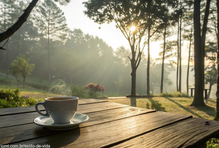 Cena tranquila de manhã com luz suave filtrando pelas árvores, uma xícara de café descansando em uma mesa com uma atmosfera positiva e espiritual para uma manhã abençoada de sexta-feira.