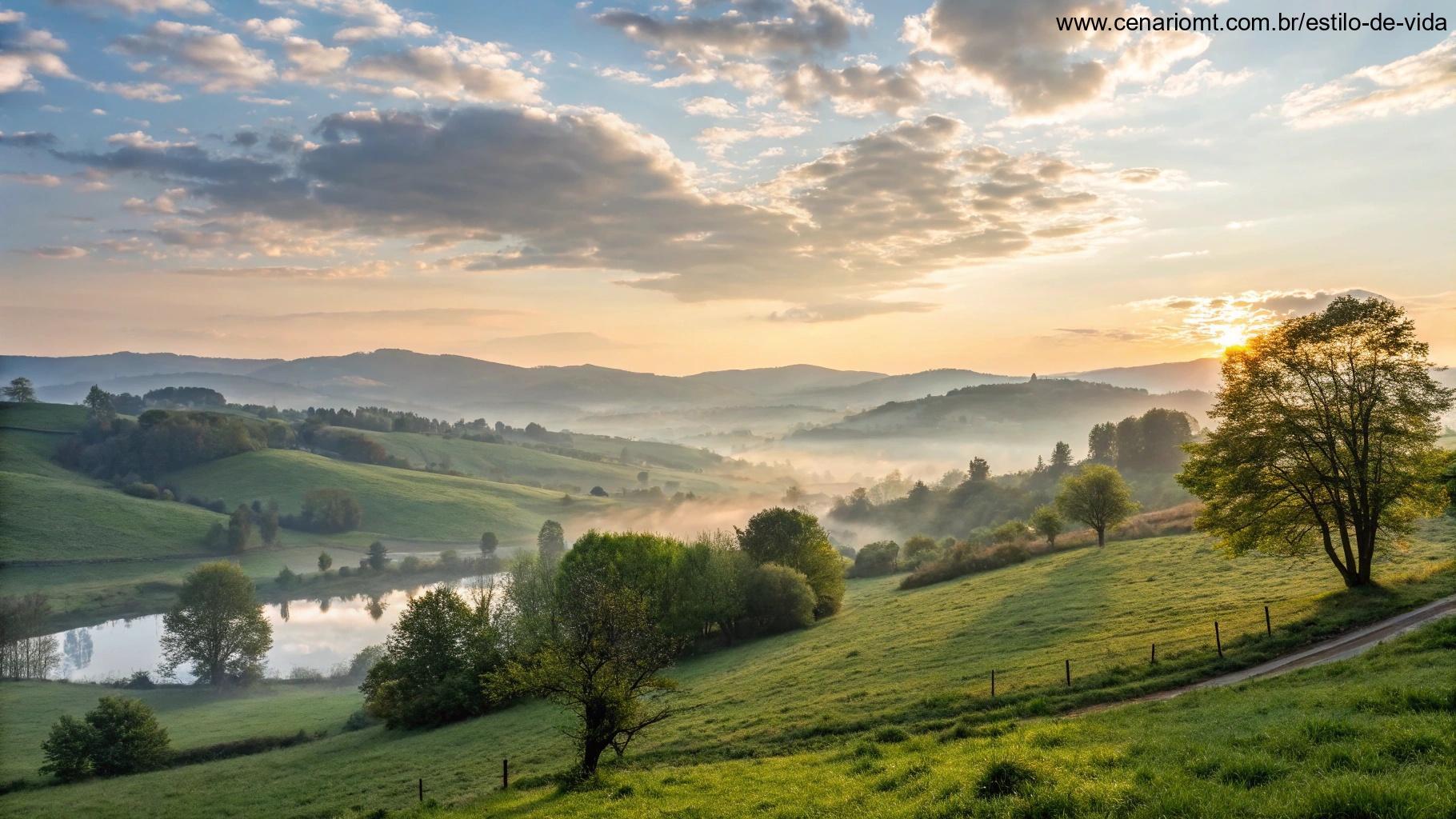 Uma paisagem serena e cheia de esperança com luz suave e uma vibração tranquila, perfeita para começar a sexta-feira abençoada em 14 de março de 2025.