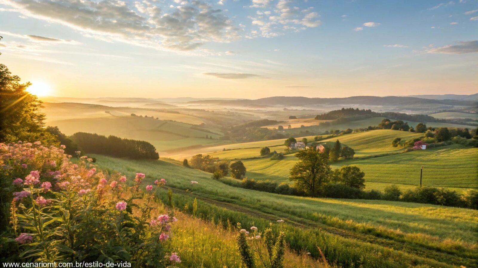 Paisagem linda com o sol da manhã nascendo sobre um campo tranquilo.