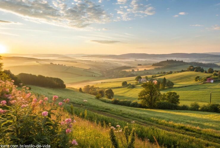 Paisagem linda com o sol da manhã nascendo sobre um campo tranquilo.