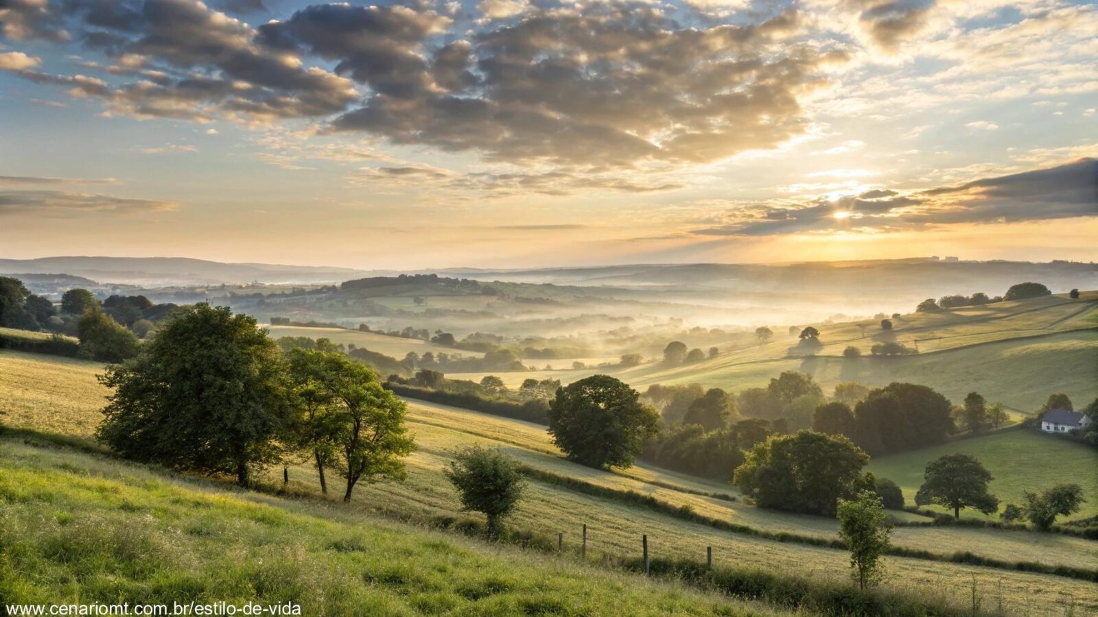 Imagem tranquila de uma manhã com luz suave iluminando uma paisagem rural calma, destacando a beleza da natureza em uma manhã de sexta-feira.