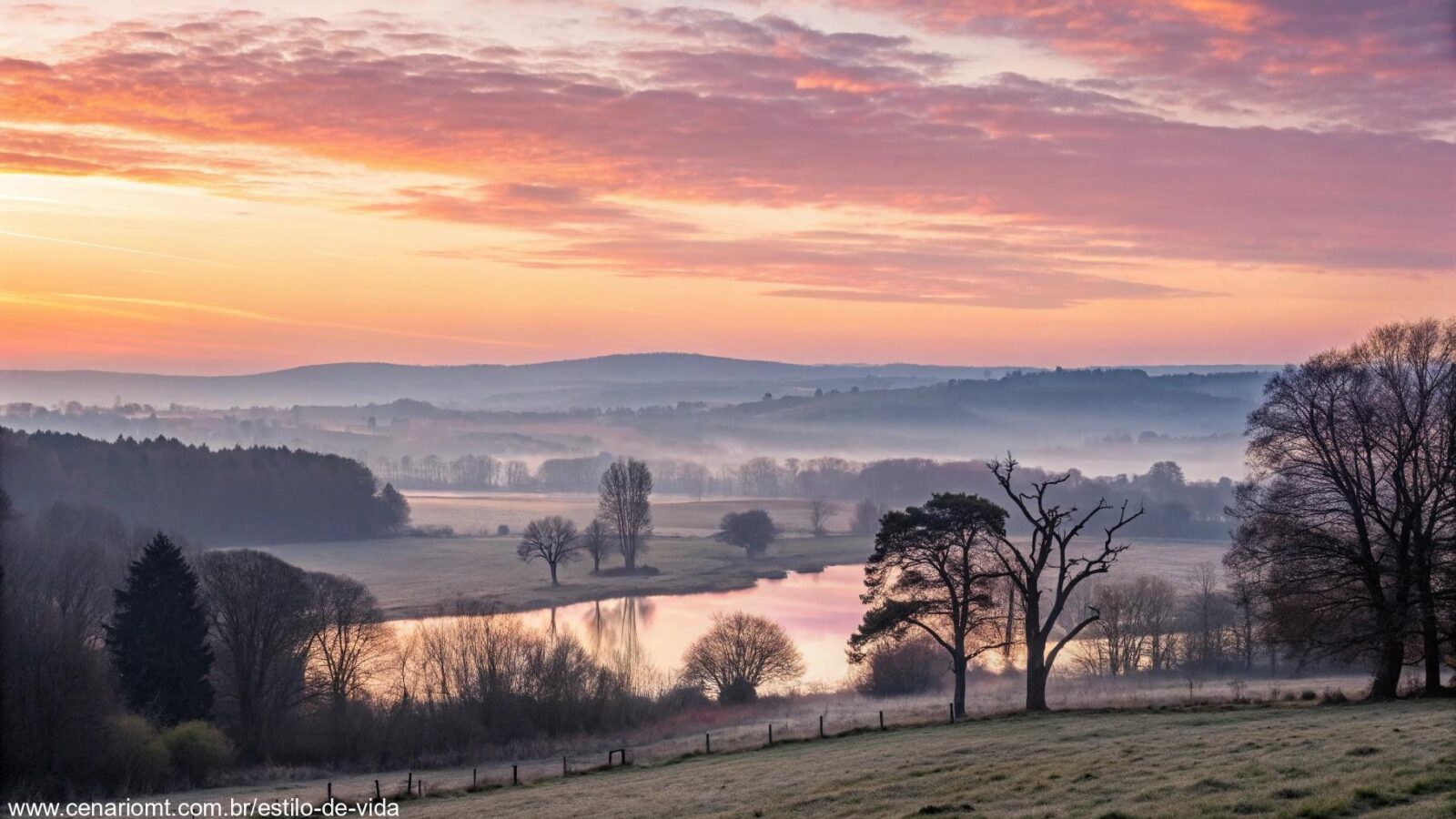 Uma imagem serena de um amanhecer tranquilo, com luz suave e cores suaves, evocando uma sensação de manhã abençoada para uma terça-feira de março de 2025.