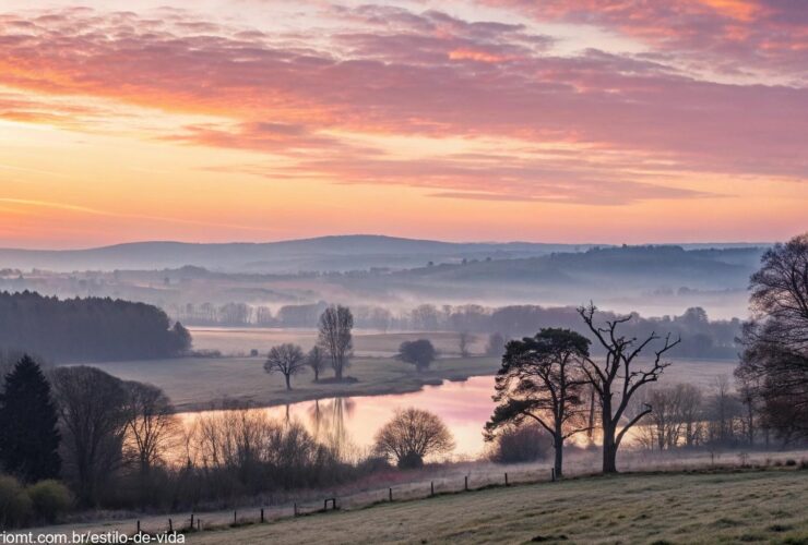 Uma imagem serena de um amanhecer tranquilo, com luz suave e cores suaves, evocando uma sensação de manhã abençoada para uma terça-feira de março de 2025.
