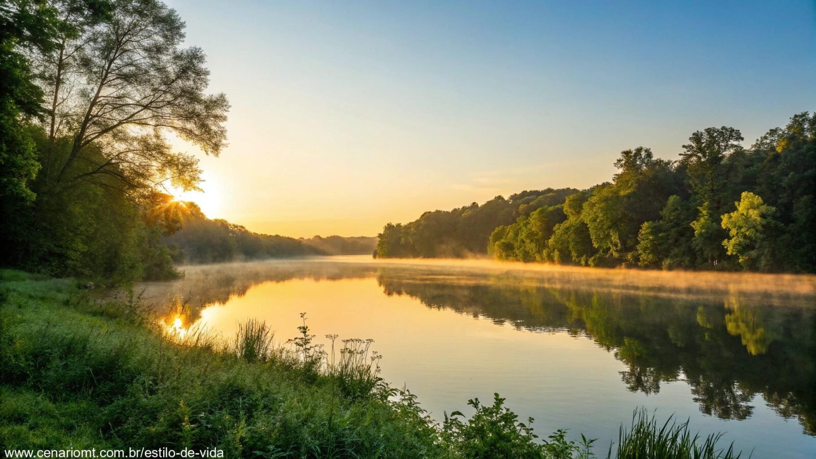 Nascer do sol sereno sobre um lago calmo com luz dourada refletindo na água, cercado por árvores verdes e um céu azul claro, evocando uma sensação de paz e bênçãos para uma terça-feira de manhã.