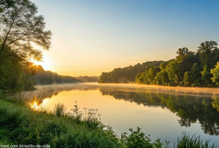 Nascer do sol sereno sobre um lago calmo com luz dourada refletindo na água, cercado por árvores verdes e um céu azul claro, evocando uma sensação de paz e bênçãos para uma terça-feira de manhã.