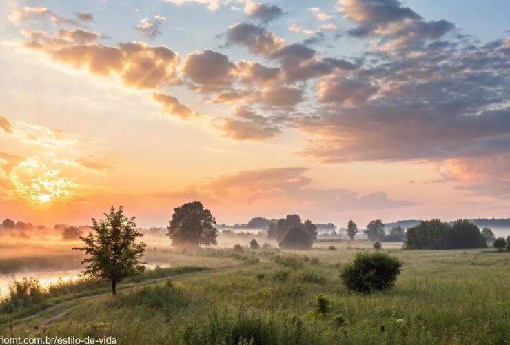 Paisagem matinal tranquila com um amanhecer radiante, céu calmo e nuvens suaves, simbolizando uma terça-feira abençoada.