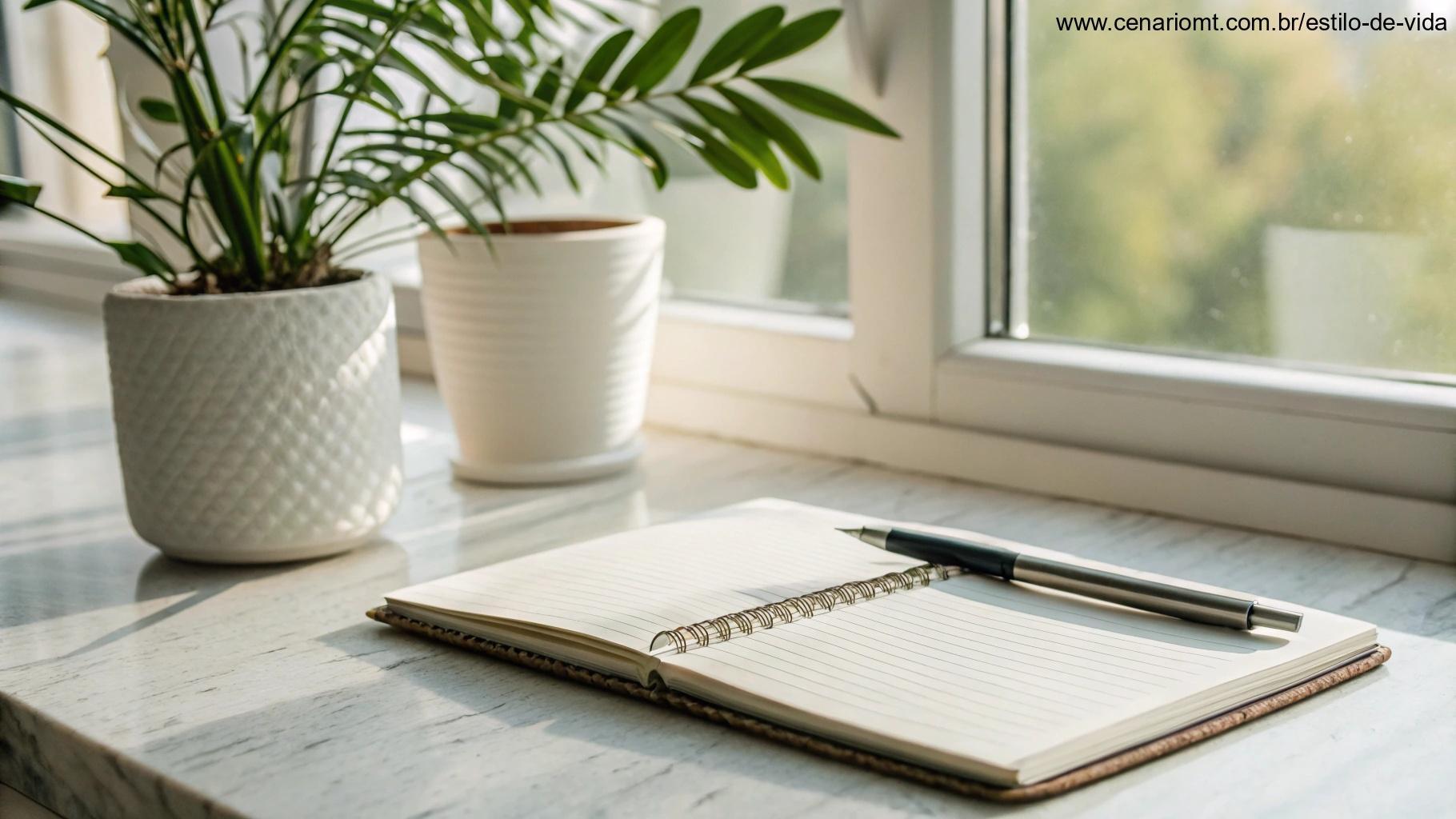 Espaço de trabalho calmo e inspirador com um caderno, caneta e uma planta, banhado por uma luz natural suave, evocando uma sensação de tranquilidade e preparação para um dia produtivo.