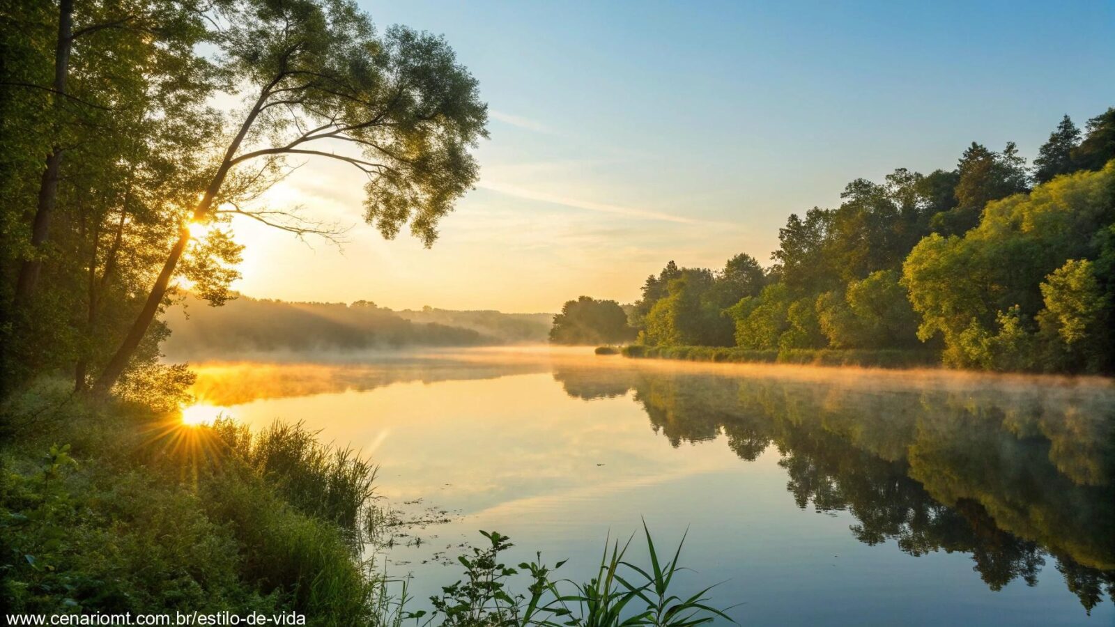 Um nascer do sol sereno sobre um lago calmo, com luz dourada suave refletindo na água, cercado por árvores verdes exuberantes e um céu azul claro, evocando uma manhã tranquila e inspiradora.