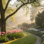 Cena matinal tranquila com luz suave filtrando pelas árvores e flores no jardim.