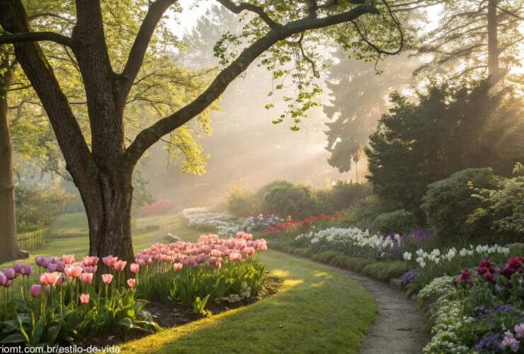 Cena matinal tranquila com luz suave filtrando pelas árvores e flores no jardim.