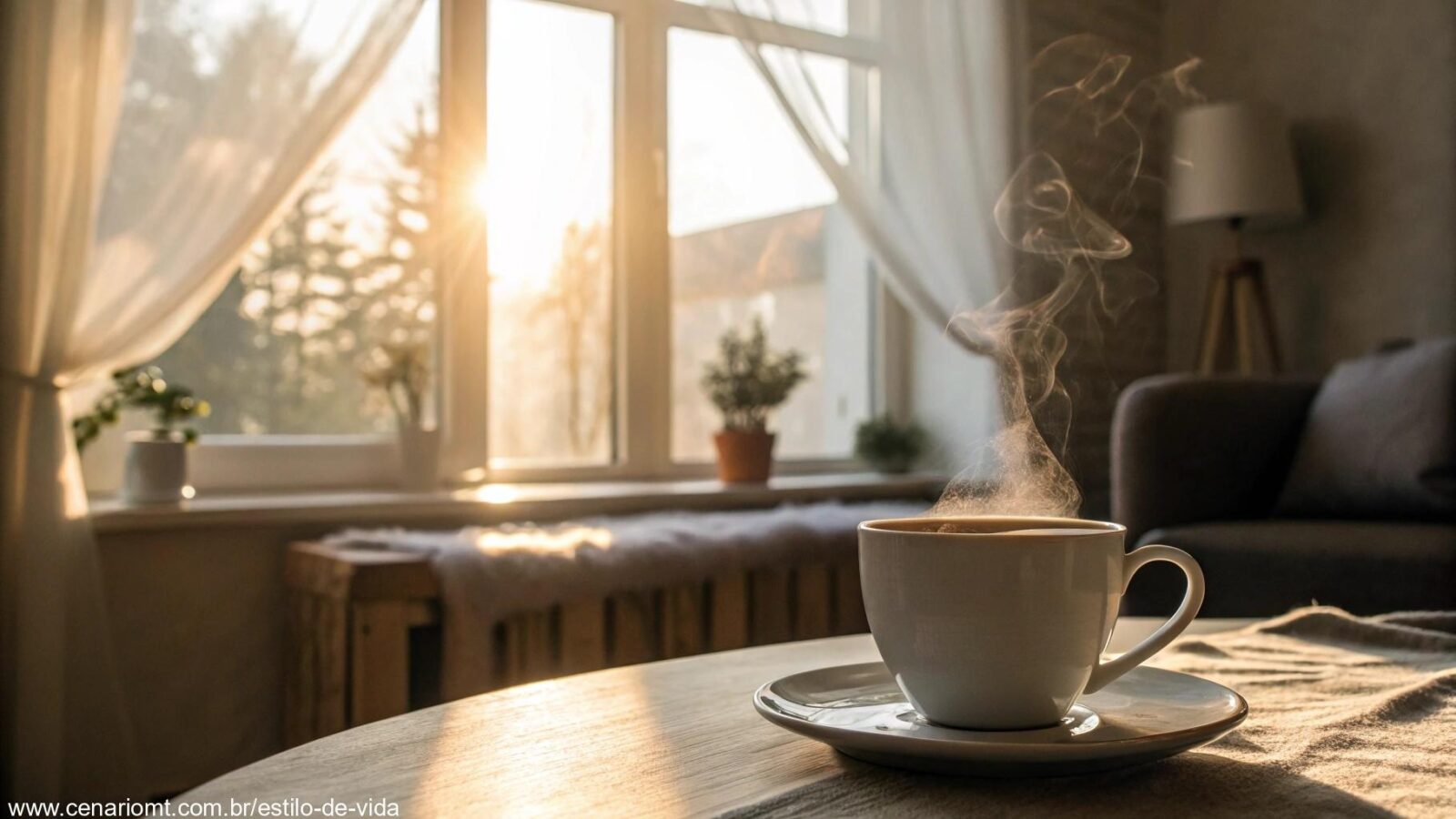 Cena tranquila de manhã com luz suave e uma xícara de café, representando uma mensagem de bom dia com carinho.