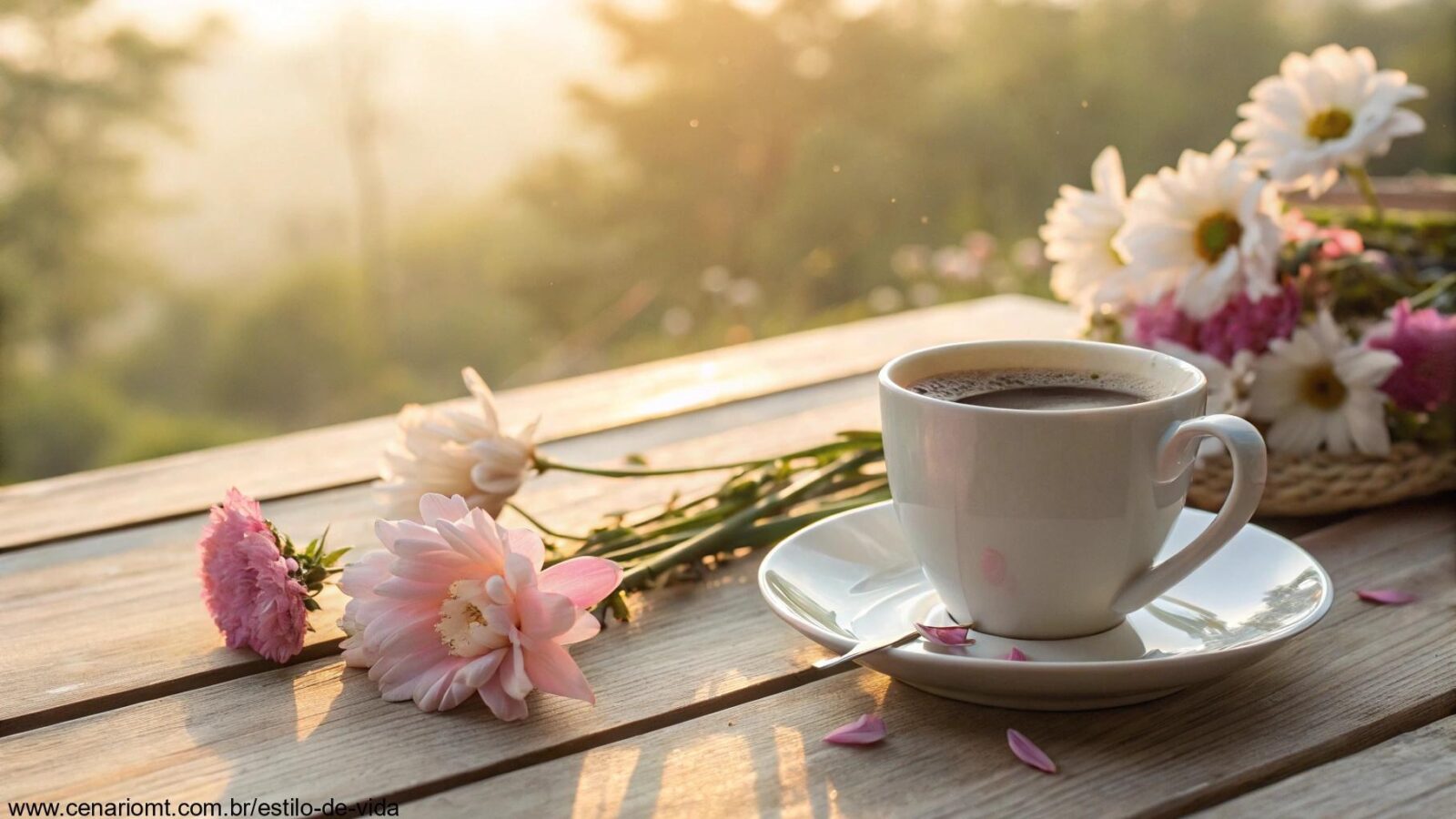 Uma cena de manhã acolhedora com cores suaves e um copo de café sobre uma mesa de madeira, com flores ao redor, transmitindo uma mensagem positiva de bom dia para quarta-feira, 19 de março de 2025.