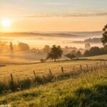 Paisagem serena com um amanhecer dourado sobre um campo tranquilo.
