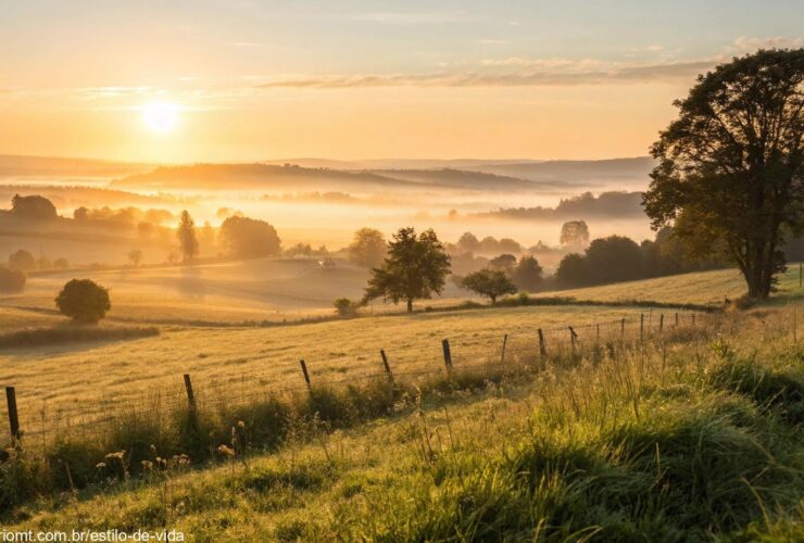 Paisagem serena com um amanhecer dourado sobre um campo tranquilo.