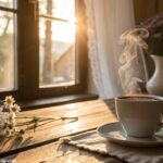 Café da manhã aconchegante com luz suave e flores delicadas.