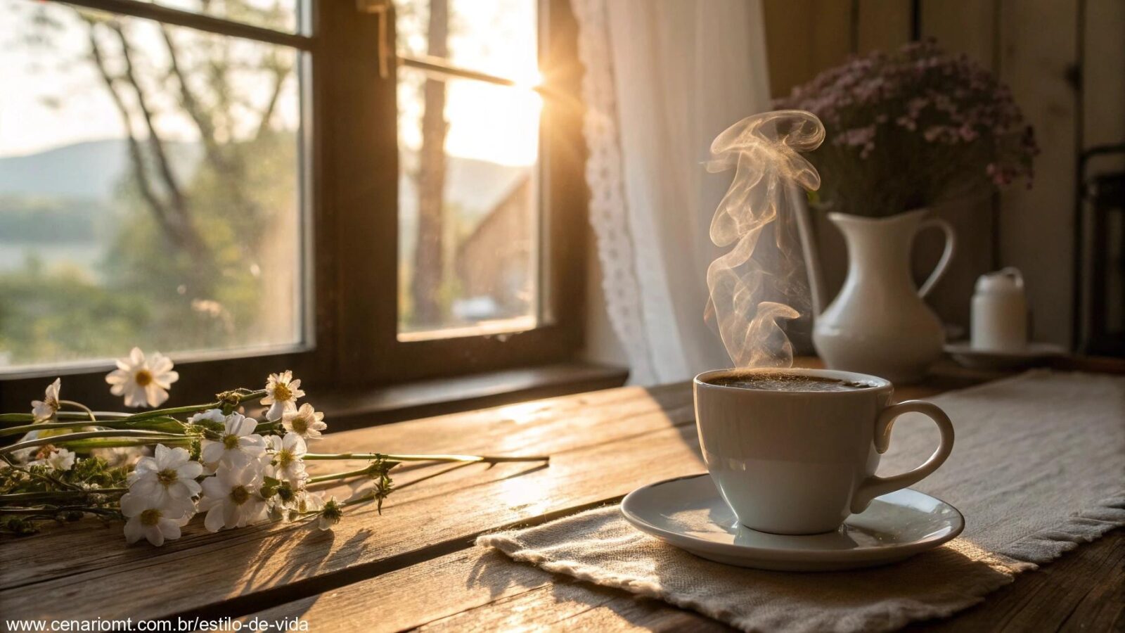 Café da manhã aconchegante com luz suave e flores delicadas.